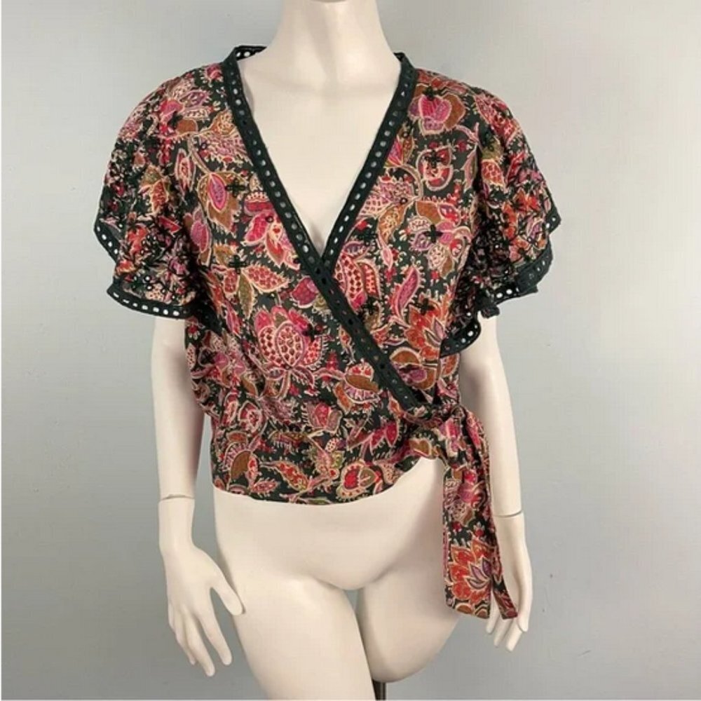 Jennifer Grace Paisley Print Faux Wrap Embroidered Flutter Sleeve Blouse (NWT)